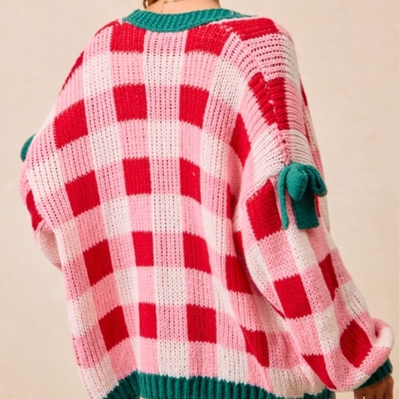 Bibi Buffalo Plaid Bow Detail Open Front Loose Fit Cardigan - Picture 5 of 6